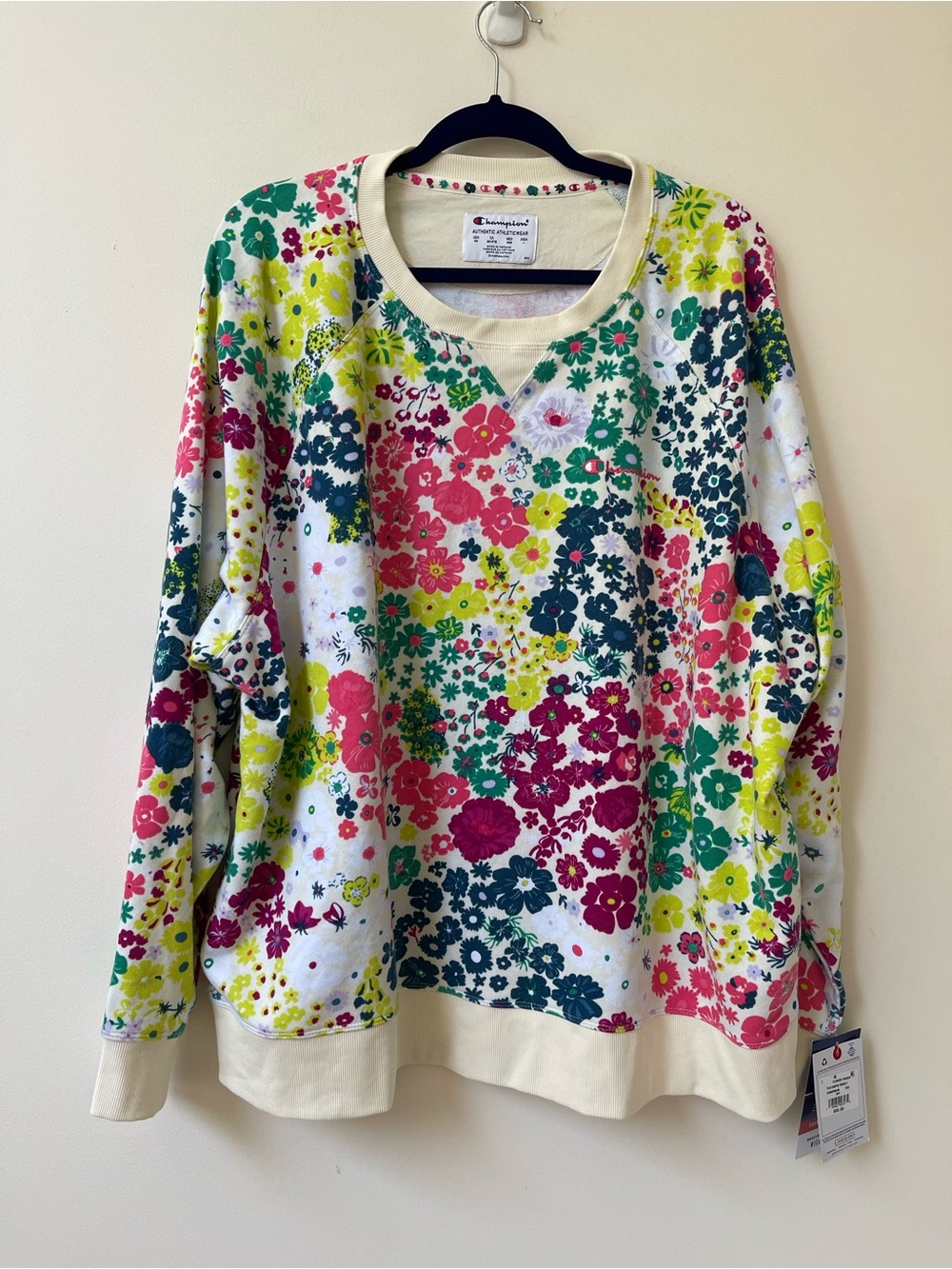 Champion Cream Flower Power Crewneck Sweatshirt with Multicolor Accents